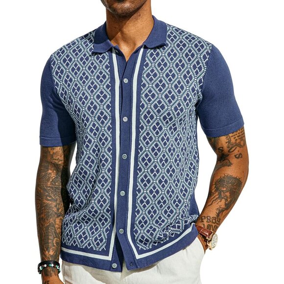 Men's Polo Shirts 70s Vintage Shirts Contrast Knitted Polo Shirts - Picture 1 of 8